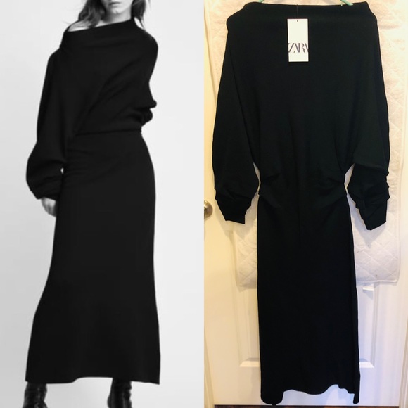 SOLD OUT NWT ZARA AW21 BLACK KNIT DRESS WITH RUCHING (6873) - Picture 2 of 10